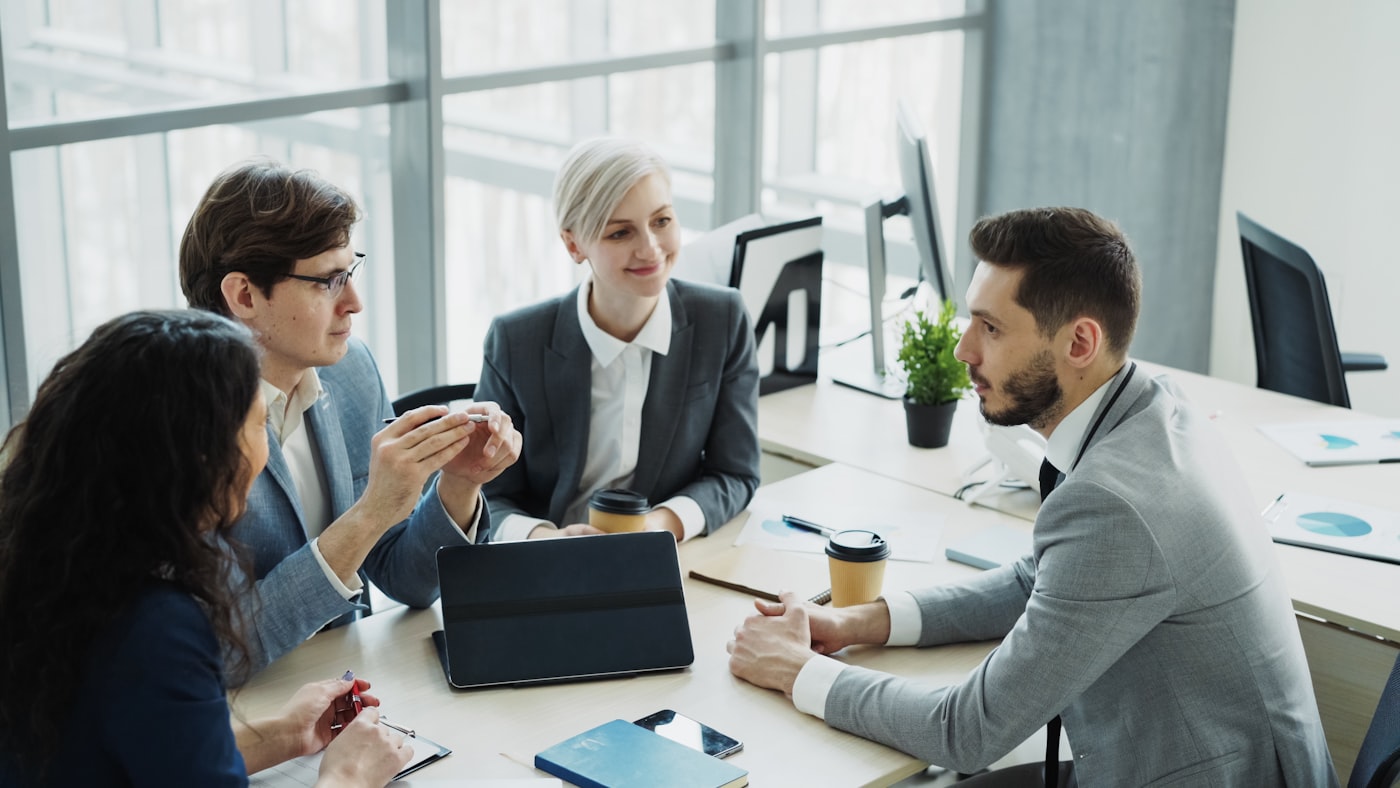 Team working together in a modern coworking office
